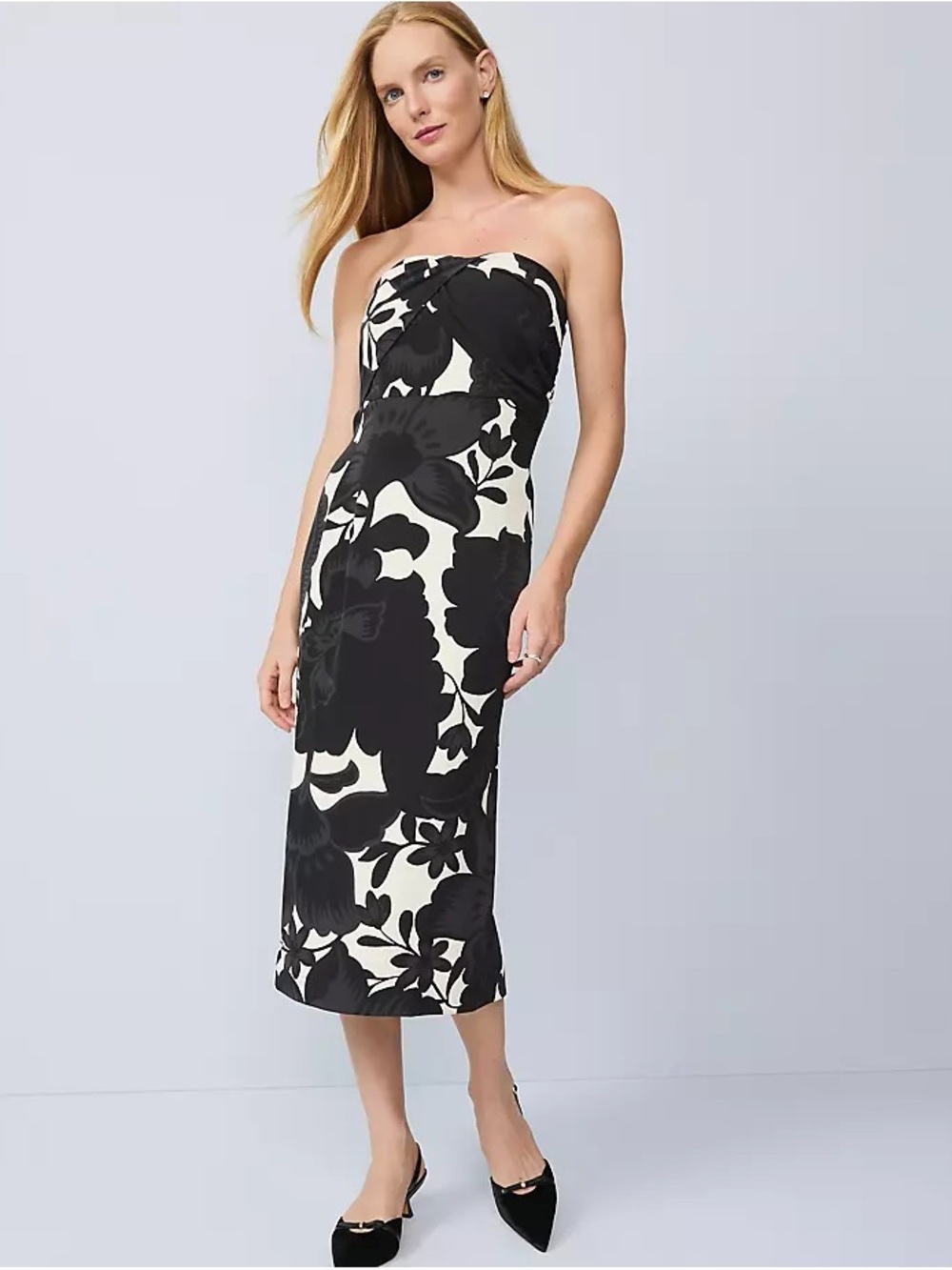 Ann Taylor Strapless Black and White Floral Midi Dress | NWT | Size 8